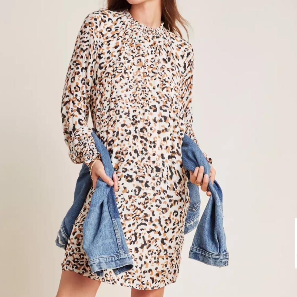 Cloth & Stone Anthropologie Leopard Smocked Tunic Dress Women’s Size Small Rayon